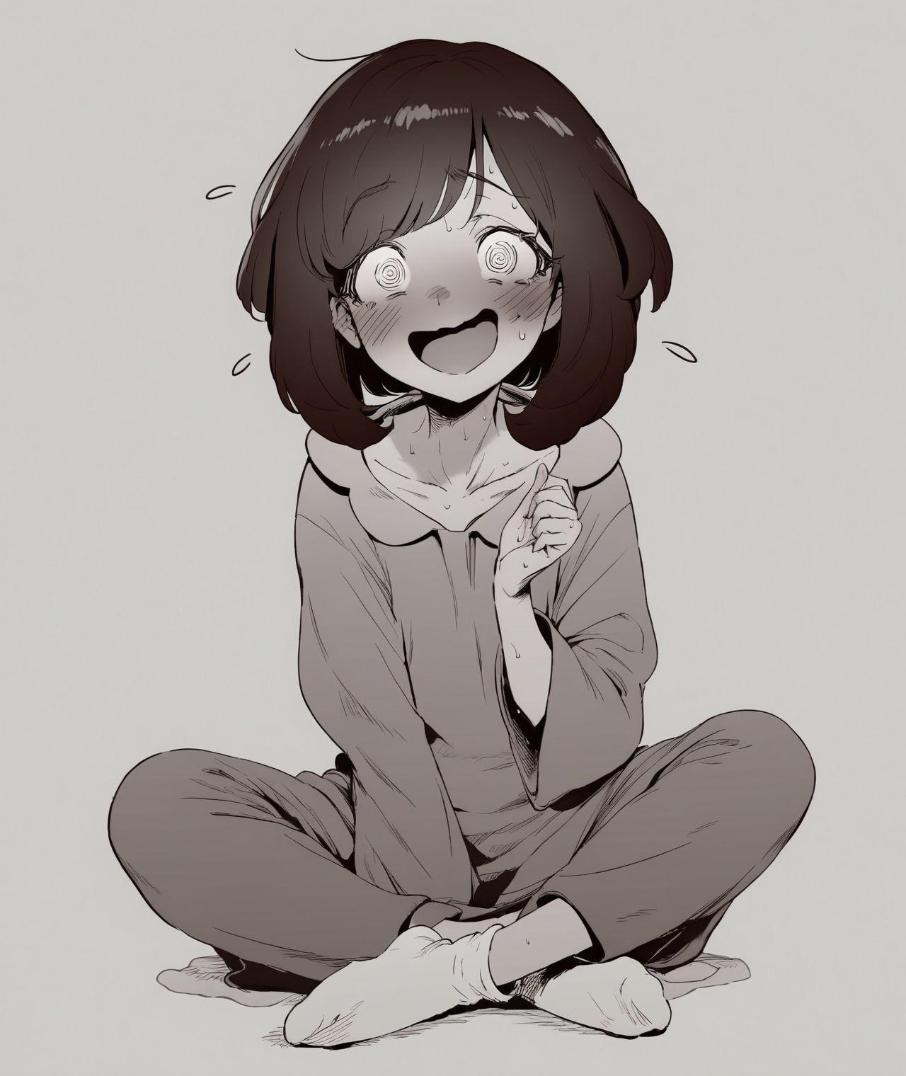 20231223195377-2282387165-manga, 1girl, @_@, blush, collarbone, embarrassed, facing viewer, flying sweatdrops, full body, hand up, looking at viewer, medi.png
